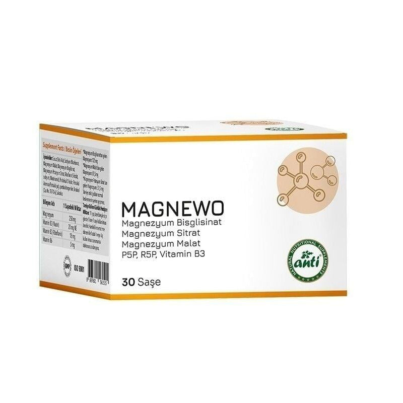 Magnewo Efervesan Magnezyum Bisglisinat, Sitrat, Malat, P5P, R5P, Vitamin B3 30 Saşe
