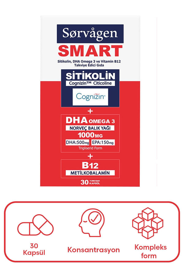 Sorvagen Smart Sitikolin DHA Omega 3 ve B12 30 Kapsül