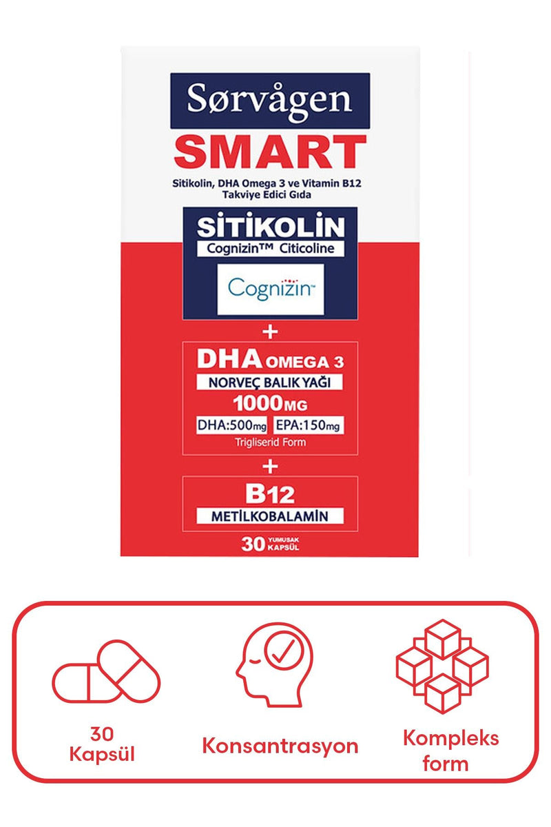 Sorvagen Smart Sitikolin DHA Omega 3 ve B12 30 Kapsül