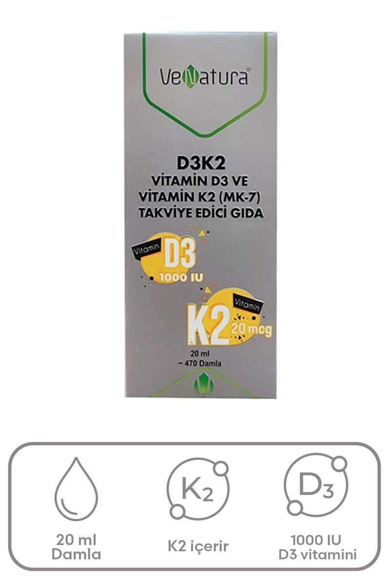 VeNatura D3K2 Vitamin D3 Ve Menaquinon 7 Takviye Edici Gıda 20 ml
